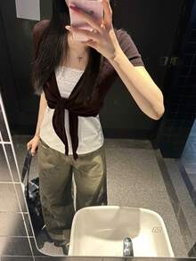 Women's Short Sleeve Knit Cover Up, Cropped Semi-Sheer Lace-Up Front Lightweight Cover-Up Jacket Summer Brown - Brown - View 7