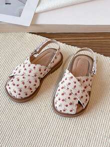 Giày sandal bít mũi in hoa cho bé gái, quai chéo, đế bằng, kiểu dáng thường ngày mùa hè. - Đỏ - Xem 2
