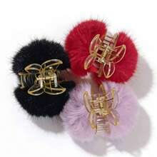 3 pièces/set Élégants clips à cheveux en fausse fourrure acrylique de couleur unie avec pompon, accessoires en tissu doux convenant pour le port quotidien, tenues de printemps/automne/hiver/été, pinces à cheveux de plage - Multicolore - Voir 6
