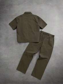 Men's New Zip-Up Short Sleeve & Long Pants 2 Piece Set, Casual Street Style, Suitable For Spring/Summer Outdoor & Daily Wear - Army Green - View 5