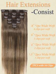 7pcs/Set Clip-In Hair Extensions, Human Hair, #4/27/4 Medium Brown/Chestnut Brown Mixed Straight Hair, Clip-In Human Hair Extensions - S4/27/4 - View 6