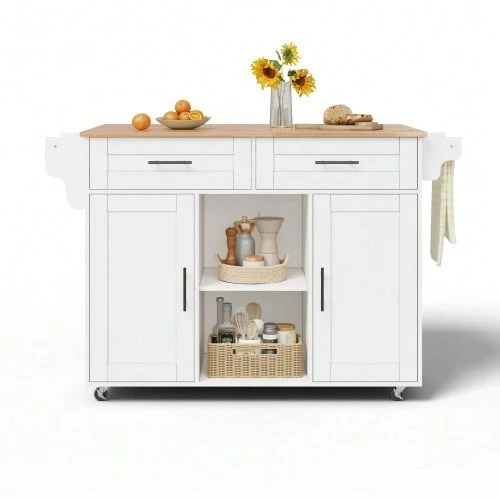 145 X 45 X 94.5 Cm, Multifunctional Mobile Kitchen Island With Folding Worktop, Adjustable Shelves, 5 Casters, Concealed Cutlery Drawer – Suitable For Kitchens, Dining Rooms, Living Rooms, Etc. - White - View 1