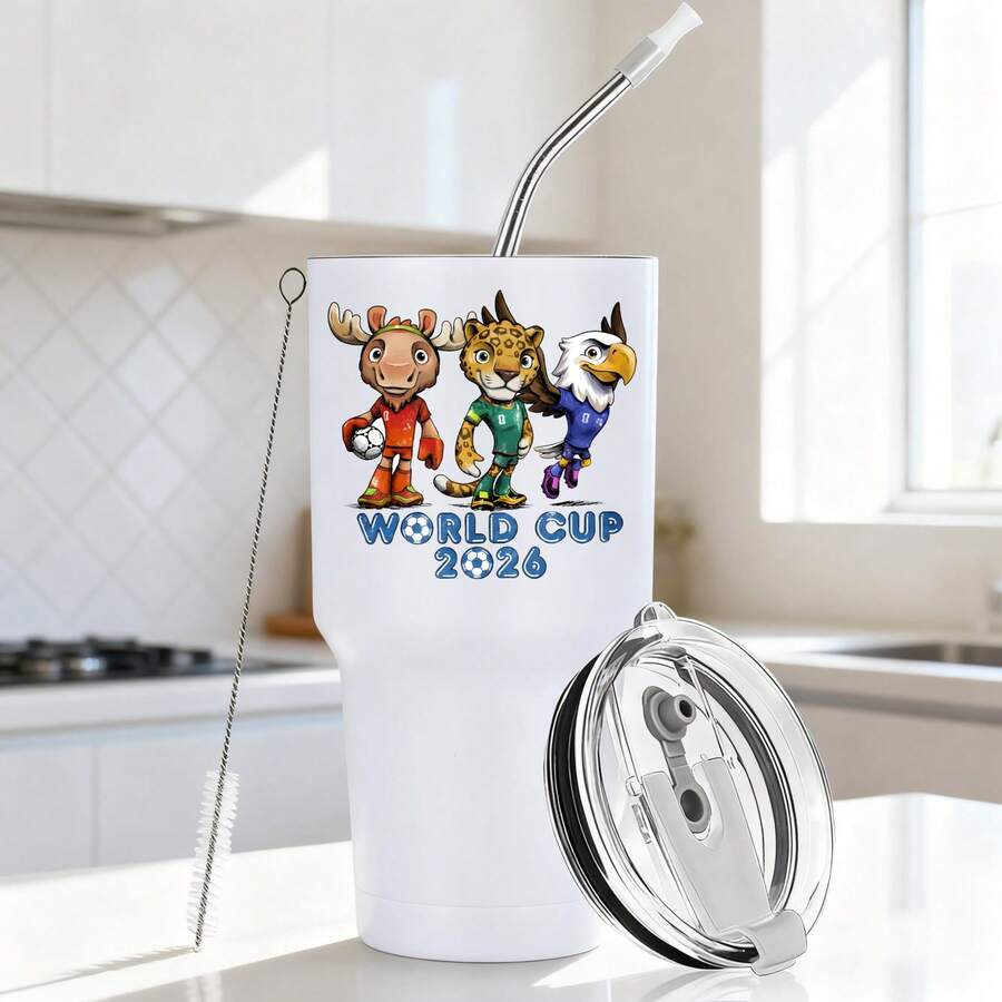 2026 Football Mug | 30 Oz White Tumbler, Stainless Steel Vacuum Insulated Double Wall Leak Proof Travel Mug With Lid, Stylish Coffee Cup With World Cup 2026 Mascots Cartoon Animals Graphic Design, Keep Hot And Cold, Suitable For Daily Home Office, Party, Travel, Beach Vacations, Ideal Gift For Soccer Fans, Perfect For Birthdays, Holidays, Father'S Day, A Great Gift For Men - trắng - Xem 1