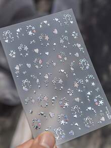 1片Y2K金属星心美甲贴纸，美甲师必备，5D立体浮雕工艺，酷炫的金属银色星星搭配闪亮爱心和蝴蝶结美甲贴花，自粘式美甲贴纸，DIY美甲，优雅女士礼物，甜美Y2K美甲装饰 - 淺粉色 - 查看 10