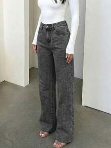 Quần jeans nữ dáng suông rộng, tối giản, cạp chun, phong cách retro. - Màu Xám nhạt - Xem 5