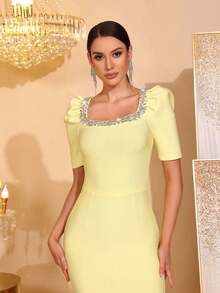 New Arrival Women's Black Sexy Handmade Pearl Ruffle Tie-Up Dress, Formal Gown For Wedding, Party, Banquet - Yellow - View 8