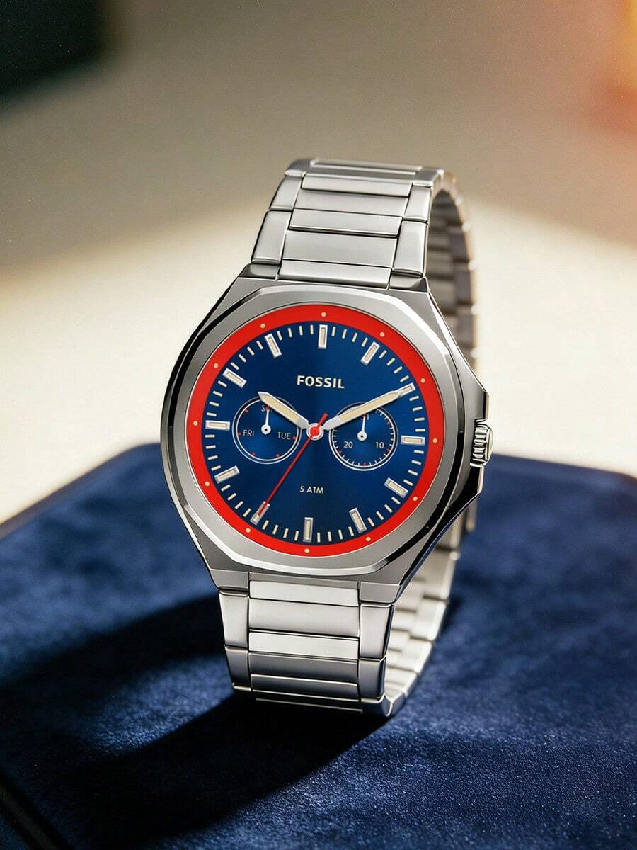 Fossil Reloj de hombre con movimiento de cuarzo, caja de acero inoxidable, correa de acero inoxidable, esfera azul, reloj Nissin de 3 manecillas, adecuado para reuniones diarias y otras ocasiones FS5949 - Azul - Ver 1