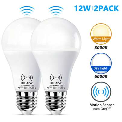 12W 人体感应 LED 灯泡 (E26/E27) - 6000K 冷白光 / 3000K 暖白光，AC80-265V 宽电压，雷达传感器触发，黄昏到黎明自动开关，安防照明，适用于走廊、楼梯间和车库（2 个装）