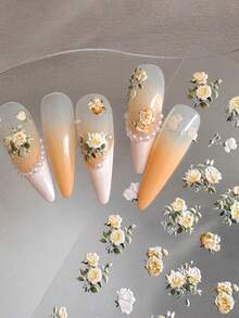 1 Sheet 5D Embossed Rose Nail Stickers - Yellow White Floral Decals For DIY Manicure - Multicolor - View 5