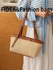 New Arrival Spring/Summer Vacation Season Straw Patchwork Tote Bag, Large Capacity Resort Style Versatile Tote Bag, Polyester & Faux Leather Material, Adjustable Strap, Suitable For Daily, Commute, Vacation - Brown - View 10