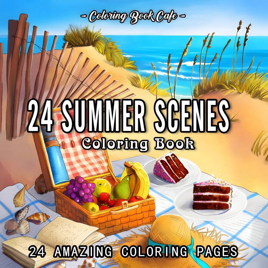24幅夏季风景成人涂色书，描绘美丽的夏日时光，感受凉爽的季节，是送给家人和朋友的生日礼物、周年纪念礼物、毕业礼物、返校礼物、母亲节礼物，尺寸为7.9x7.9英寸。