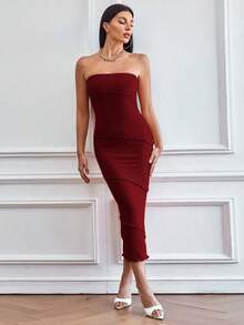 New Spring/Summer Strapless Fitted Midi Dress - Elegant Backless Party Evening Gown - Burgundy - View 4