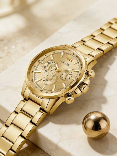 Guess Đồng hồ nam vàng, máy quartz, mặt số đa chức năng với đồng hồ bấm giờ, kim giây/giờ/phút. Đồng hồ đeo tay thời trang công sở, kiểu dáng cổ điển, phù hợp để đeo hàng ngày. Có thể làm quà tặng cho dịp kỷ niệm, năm mới, Giáng sinh hoặc đêm Giáng sinh.