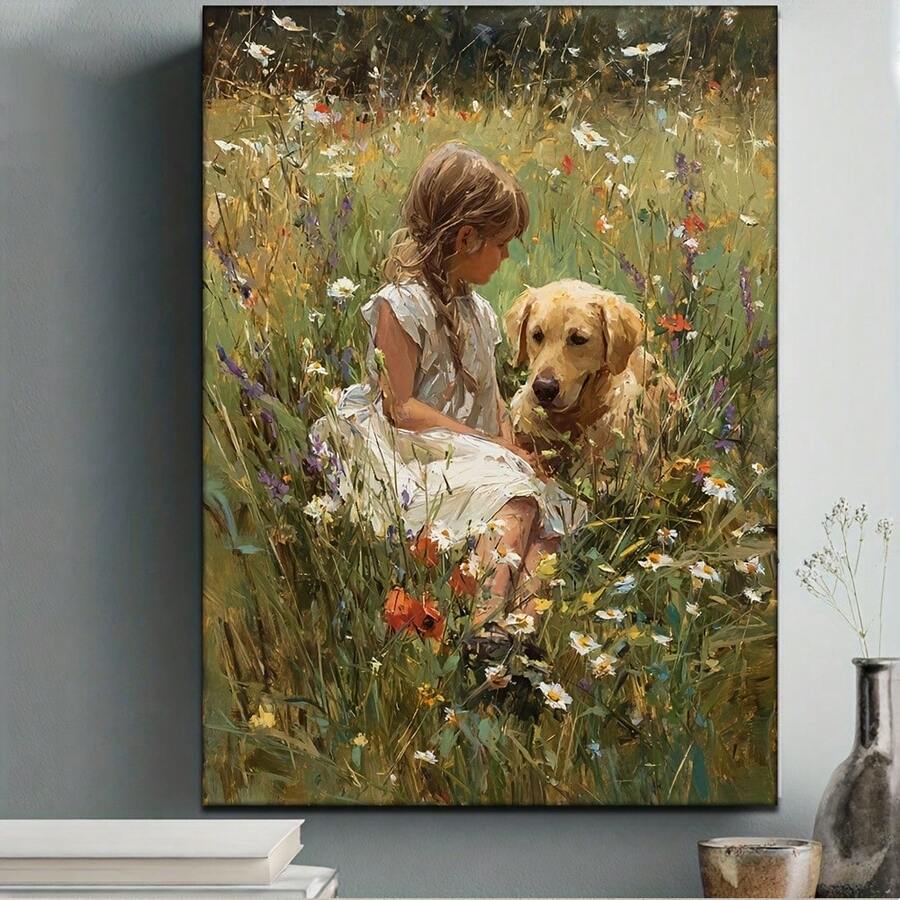 Póster de arte neutro con una pintura al óleo HD sin marco, 2D Flat, de 30.48X40.64 cm que representa a una chica tranquila y un Golden Retriever en un campo de flores silvestres. Ideal para la decoración del hogar y decoración temática de perros. - Sin marco - Ver 1