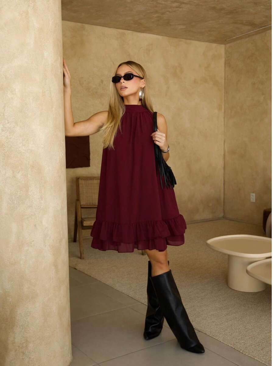 Sleeveless Short Chiffon Dress With High Neck, Ruffled Hem, And Lining - Elegant, Luxurious Party Dress - Maroon - View 1