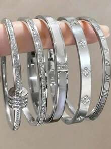 5/1pc Personalized Multi-Color Stainless Steel Bracelet Set With Unique Design, Fashionable , Multi-Element Design, Exquisite And Ideal Gift, Non Fading Jewelry, Fashionable - Silver - View 6