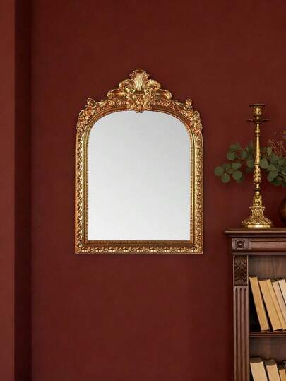 1 pieza Espejo de pared decorativo de arco de resina dorada con flores, decoración de pared estilo europeo, accesorio colgante para el hogar, adecuado para decoración de pared, espejo de tocador y accesorios de fotografía