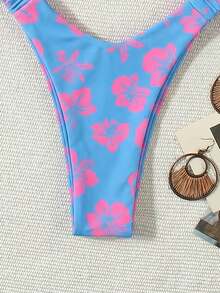 Women's Fashionable Sexy Beach Vacation Floral Print Ruched Bust Decor Bandeau Bikini Set - Multicolor - View 8