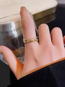 5pcs Fashionable Minimalist Delicate High-Grade Micro-Inlaid Zirconia Faux Pearl Heart Double-Layer Chain Design Unique Daily Versatile Adjustable Copper Rings Set (Excluding Gift Box) For Women - Yellow Gold - View 5