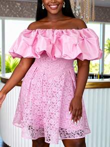AOMEI Pink Chic Women Lace Mini Dress Floral Off Shoulder Ruffled Puff Sleeves High Waist A Line Wedding Guest Birthday Party Dresses - Pink - View 3