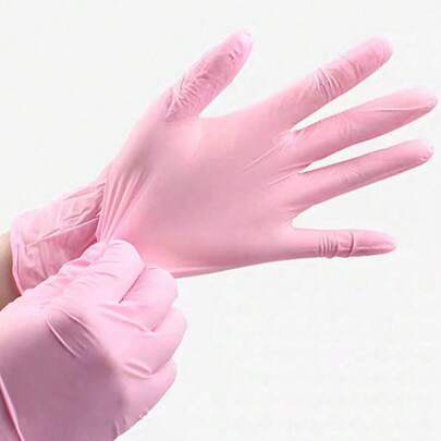 100pcs/Set Disposable Pink Powder-Free Latex-Free Waterproof Oil-Resistant Nitrile Rubber Gloves, 10pcs Free Gift, Suitable For Dishwashing, Laundry, Food Processing, Bathroom Cleaning, Manicure, Dyeing, Laboratory, Safety And Work, PVC Material, No Ironing Required, Hand Wash Recommended