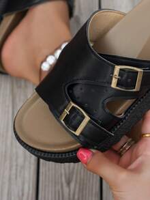 Ins Style Hollow Out Casual Slippers For Women, Double Buckle Thick Bottom Outdoor Wear, Open Toe Chunky Platform Slides, Fashionable Beach Sandals Suitable For Daily Wear - Black - View 7
