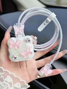 5 piezas Funda protectora de cable de carga con purpurina transparente y diseño de mariposa rosa, compatible con cargador original Apple 18W/20W - Multicolor - Ver 4