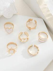 6件套波西米亚风简约时尚油滴向日葵叠戴戒指套装，适合女性、情侣、度假、约会、日常休闲、派对、情人节礼物 - 金黃色 - 查看 4