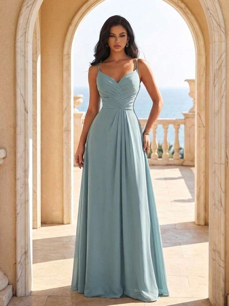 Smilprince Đầm phù dâu dài bằng chiffon thời trang, không tay, dây mảnh, hở lưng, chất liệu vải không co giãn. - Xám - Xem 1