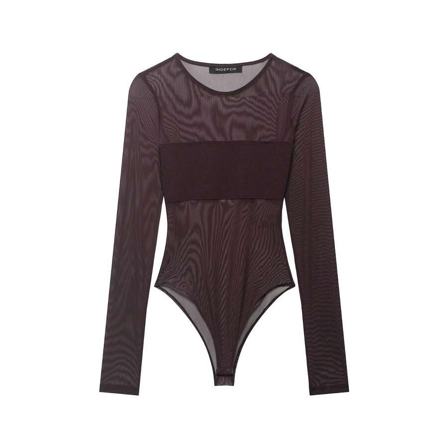 DEEKA 夏季新款女装欧美风简约百搭性感网纱拼接连体衣 - 棕色 - 查看 1