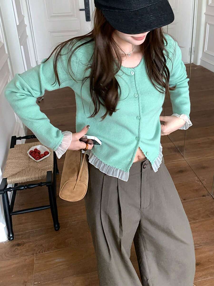 Cardigan Rajut Leher Bulat Warna Polos yang Manis & Lembut dengan Hiasan Renda yang Lucu dan Elegan - Mint Green - View 1