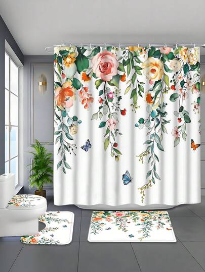 Rèm tắm in họa tiết hoa màu nước sống động kèm móc treo - Thiết kế hoa nở rộ, chất liệu polyester, dễ giặt, trang trí phòng tắm trang nhã cho bồn tắm hoặc vòi sen, rèm sử dụng quanh năm | Vật dụng trang trí phòng tắm | Rèm có thể giặt, bộ rèm tắm