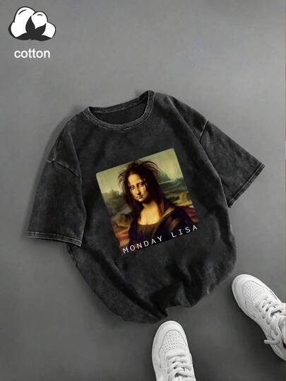Áo thun nữ tay ngắn cổ tròn in hình Mona Lisa hài hước, kiểu dáng thường ngày, phù hợp cho mùa xuân, hè, thu, làm trang phục đi nghỉ hè, quần áo mùa hè, quần áo mùa xuân, áo kiểu, đồ mặc đi club.