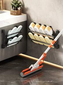 1 pieza Estante de zapatos montado en la pared, sin necesidad de perforar, estante de almacenamiento de zapatos de baño/lavabo de doble capa con función de drenaje, diseño plegable compacto para ahorrar espacio - Negro - Ver 9