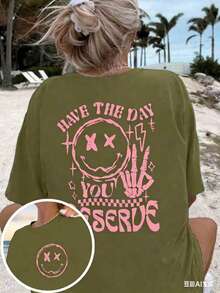 Women's 'Have A Day You Deserve' Graphic T-Shirt - Black, Breathable Short Sleeve Crew Neck Top With Happy Face And Letter Design, Casual Summer Wear - 綠色 - 查看 3
