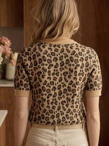 Suéter de cuello redondo de manga corta con estampado de leopardo para mujer, estilo casual clásico, adecuado para el uso diario, ropa de punto de otoño - Multicolor - Ver 5