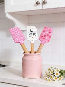 1 chiếc thìa silicon cán gỗ họa tiết Ngày Valentine, thìa silicon chịu nhiệt kèm nơ satin màu hồng, thích hợp cho việc nướng bánh, nấu nướng và xào. - Nhiều màu - Xem 4
