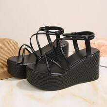 Women's Wedge Platform Sandals, Open Toe Crisscross Strap Summer Beach Shoes - Black - View 6