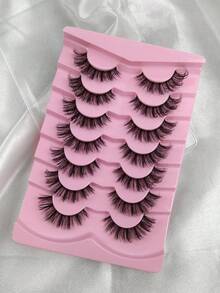 7 Pairs D Curl 3D Layered Invisible Band Lashes Wispy Faux Mink Lashes Volume False Eyelashes Russian Strip Lashes That Look Like Extensions Thick Full Cat Eye Fake Eyelashes - Black - View 6