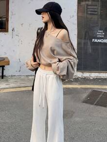 Y6Y休闲时尚宽松不对称肩部女式卫衣，长袖上衣，2025秋冬新款春季款 - 淺卡其 - 查看 9