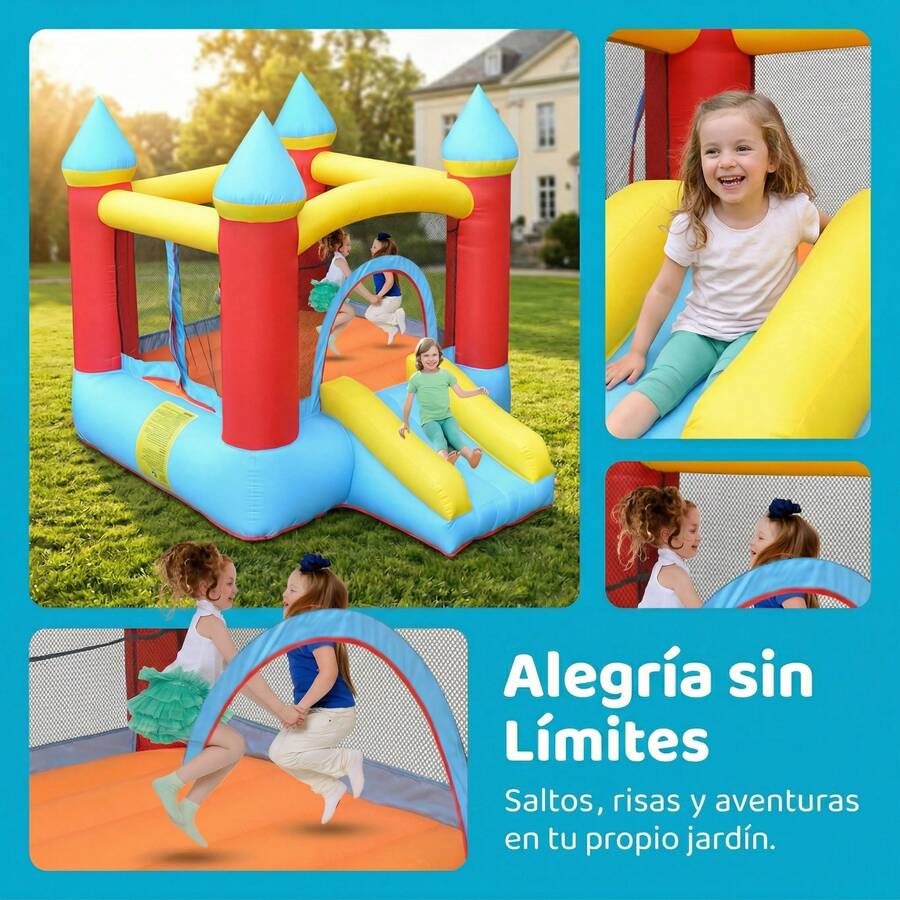 Gran castillo inflable, dimensiones 2.55 x 1.95 metros, con tobogán y piscina de bolas, apto para el juego infantil.