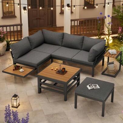 Garden Furniture Set (2 Double Sofas Plus 1 Footstool), 1 Plastic Table With Lift-Up Top, Frame Made Of Galvanized Iron, Including Seat Cushions And Pillows, With Small Side Table, Small Extendable Tabletop