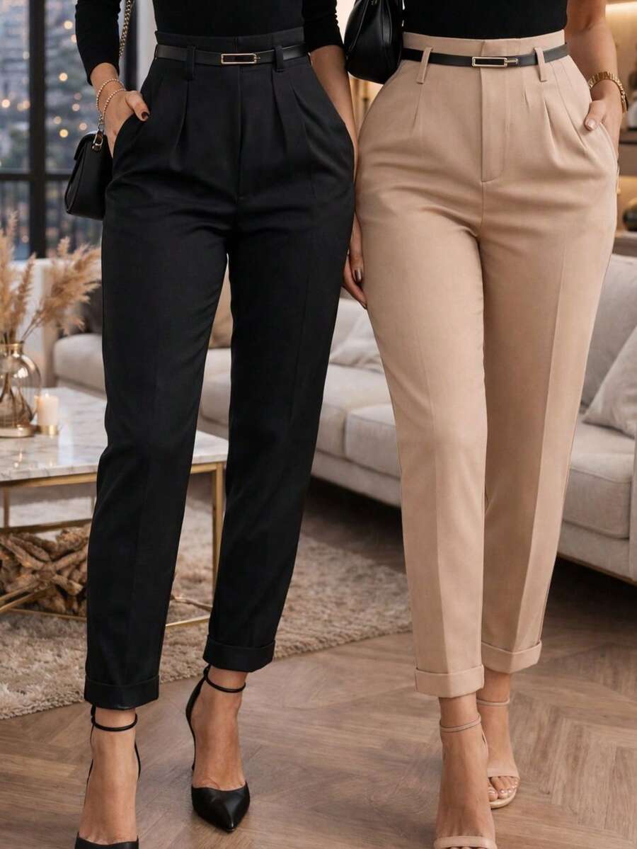 Set Of 2 Women's Plus Size Tailored Dress Pants With Elegant Belt 2026 - 黑色/米色 - 查看 1