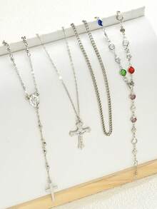 Set de 4 collares de cadena con cristales coloridos de moda, collar largo en forma de Y y collar de cruz, adecuado para viajes, citas, fiestas (color de cristal aleatorio) - Multicolor - Ver 3