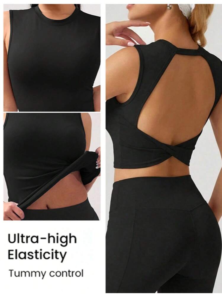 FWH Twist Back Racerback Sports Bra, Eye-Catching Twist Design, Removable Pads For Comfort And Safety, Crew Neck Slim Fit, Suitable For Yoga, Fitness, Commuting, Outdoor And Multi-Occasions - Black - View 2