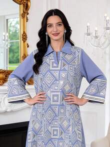 Đầm kiểu Ả Rập thêu hạt cườm bạc thanh lịch, đầm tay lỡ cổ bẻ kiểu Jalabia, trang phục mùa hè nhẹ nhàng và lãng mạn, đầm thời trang xuân hè 2026 dành cho nữ giới đầy duyên dáng. - Màu xanh bụi bặm - Xem 3