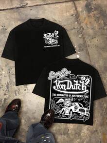 Von O Dutch's Classic Little Dog Tops With Flying Wings Driving A Sports Car - Oversized Old Printed Washed T-Shirt. Men's 100% Cotton, Loose Fitting, Y2K Street Retro Casual Urban Aesthetics, 100% Cotton Pullover. Gifts Men Clothes Men Shirts Graphic Teens Men Vintage T Shirts Graphic Tees Tanktop - 黑色 - 查看 1