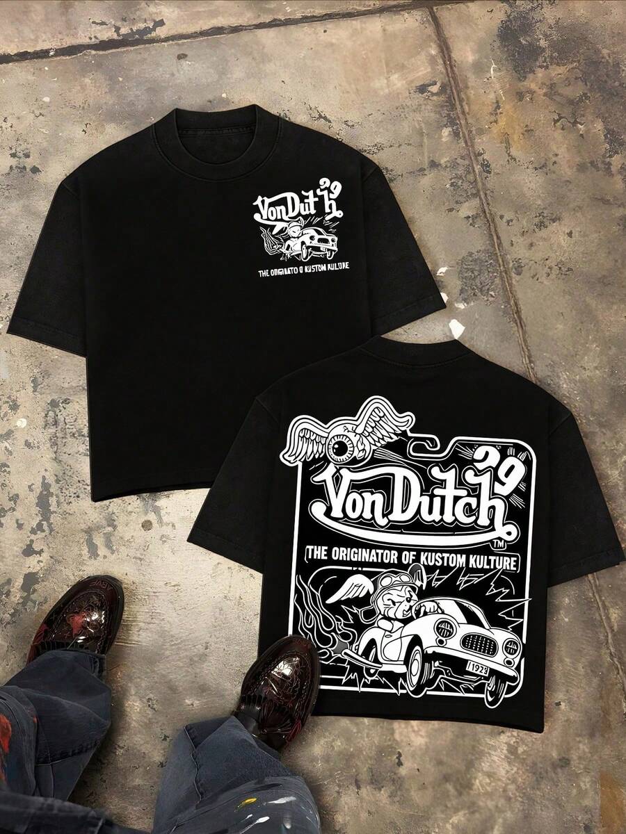Von O Dutch's Classic Little Dog Tops With Flying Wings Driving A Sports Car - Oversized Old Printed Washed T-Shirt. Men's 100% Cotton, Loose Fitting, Y2K Street Retro Casual Urban Aesthetics, 100% Cotton Pullover. Gifts Men Clothes Men Shirts Graphic Teens Men Vintage T Shirts Graphic Tees Tanktop - 黑色 - 查看 1