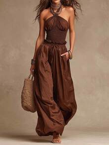 Bộ đồ nữ phong cách Bohemian gồm áo hai dây hở lưng và quần ống rộng, chất liệu vải dệt, gồm 2 món. - Màu nâu  Mocha - Xem 5