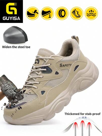 GUYISA Giày bảo hộ mũi thép, nhẹ, thoáng khí, kiểu dáng thể thao, màu kaki, phù hợp cho mọi mùa (Vui lòng đặt mua lớn hơn một cỡ).